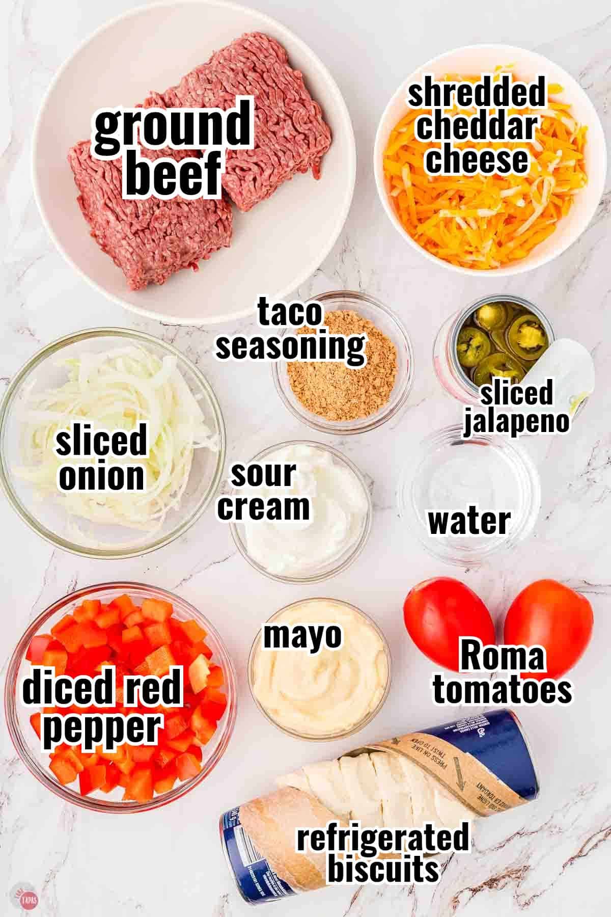 individual ingredients for a john wayne casserole recipe with text overlay labeling them