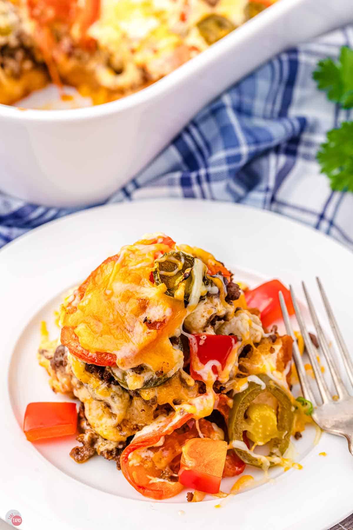 plate of John Wayne casserole with a fork