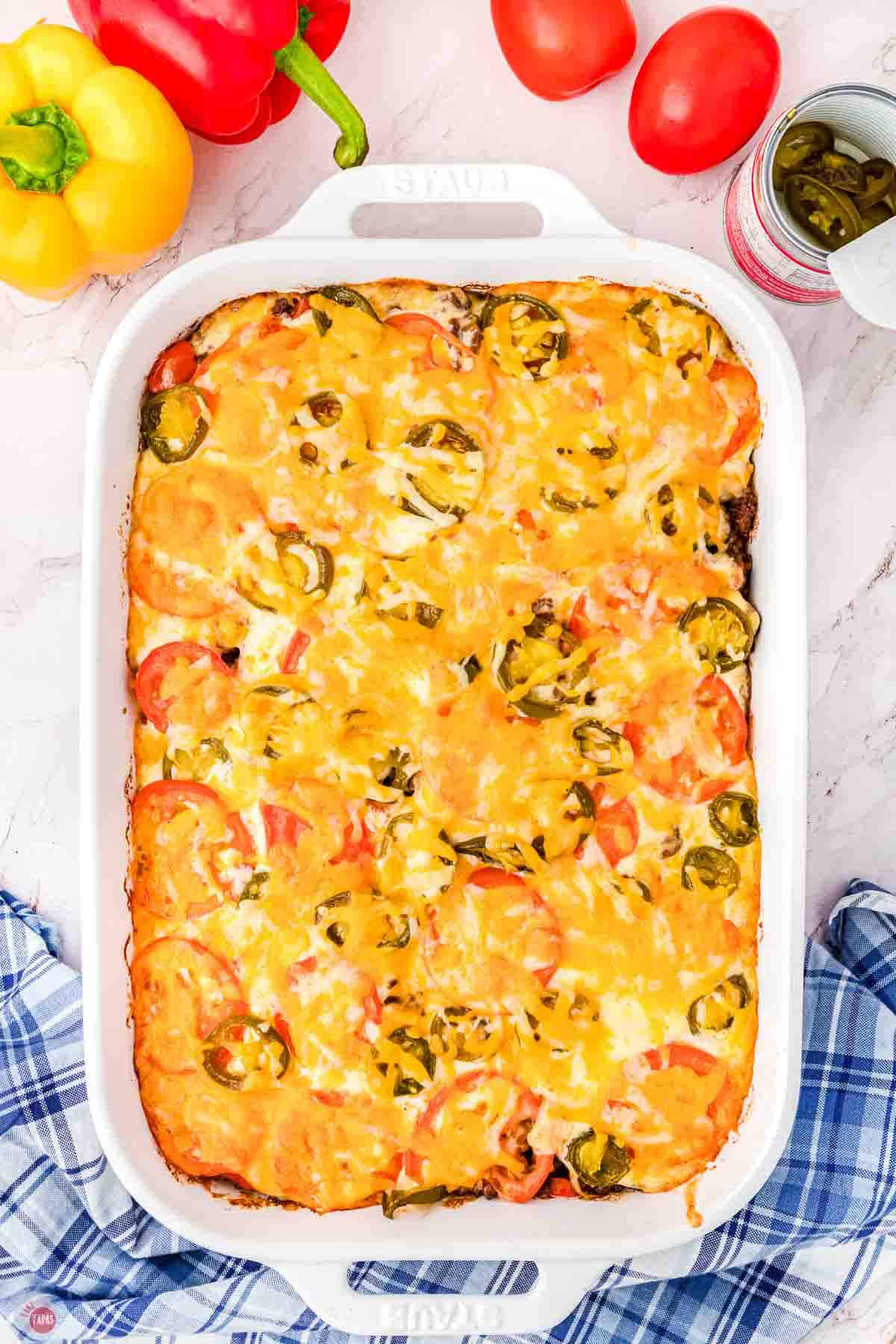 baked John Wayne casserole in a white dish