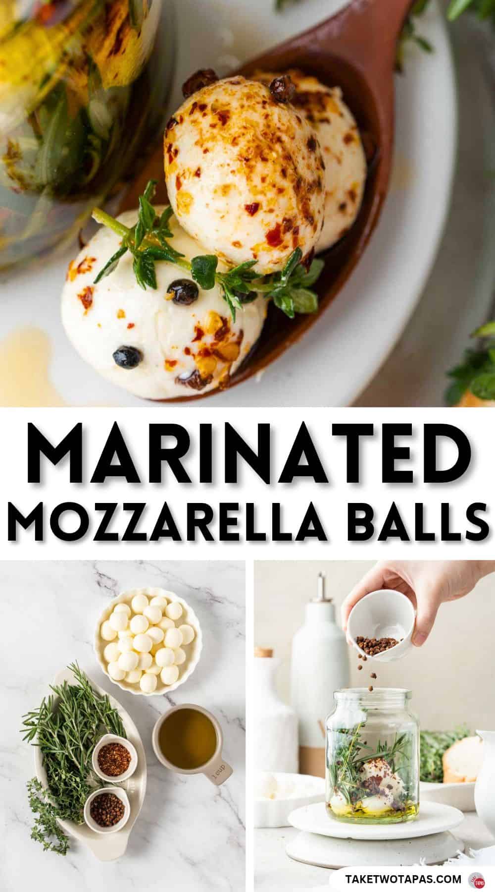 Pinterest pin image for a marinated mozzarella balls recipe