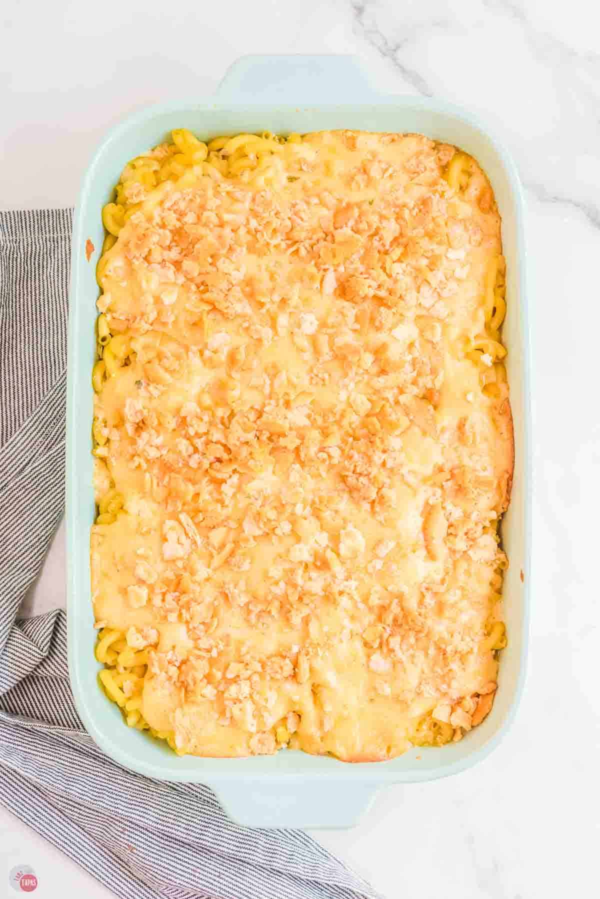 unbaked old-fashioned mac and cheese in a green dish
