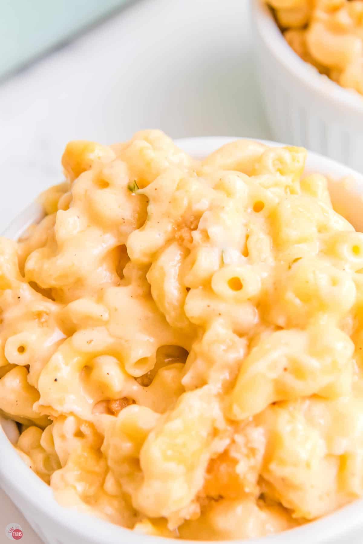 close up of creamy mac and cheese baked the old fashioned way