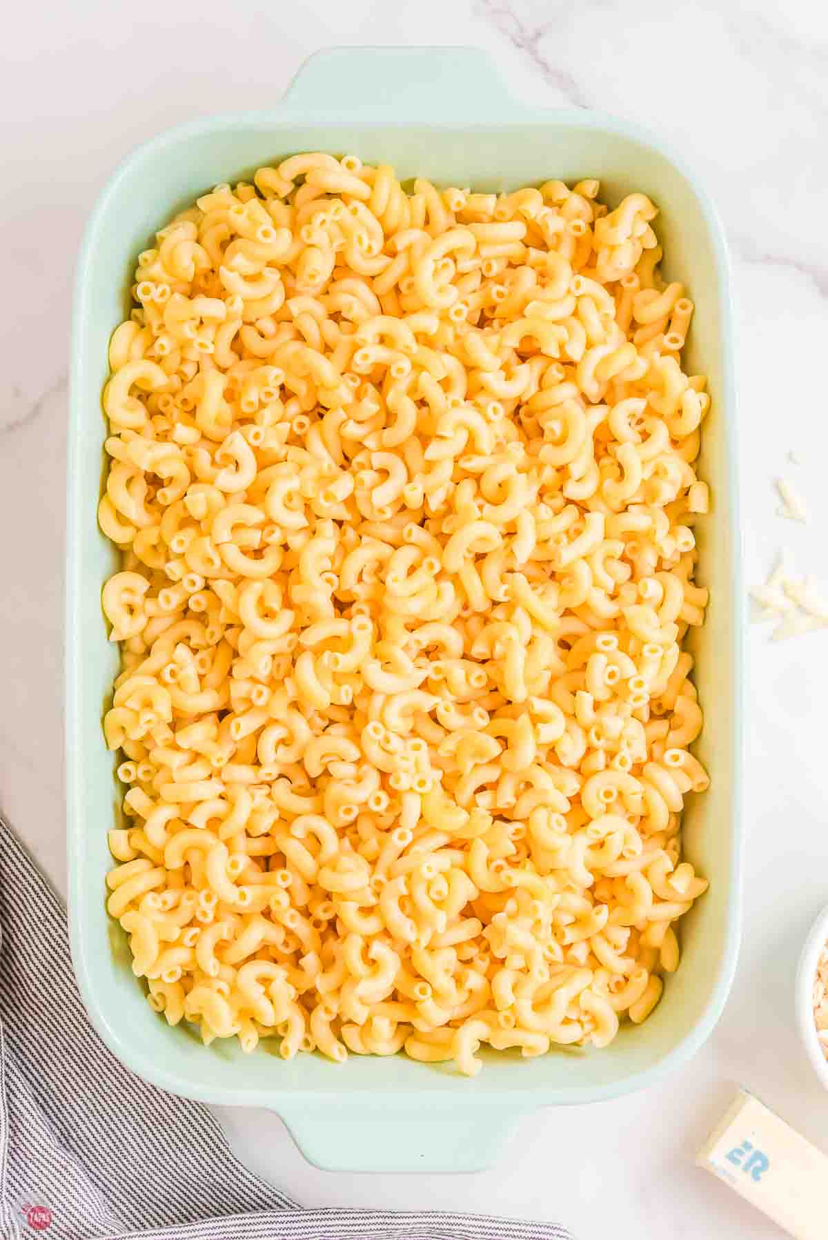 cooked macaroni noodles in a baking dish