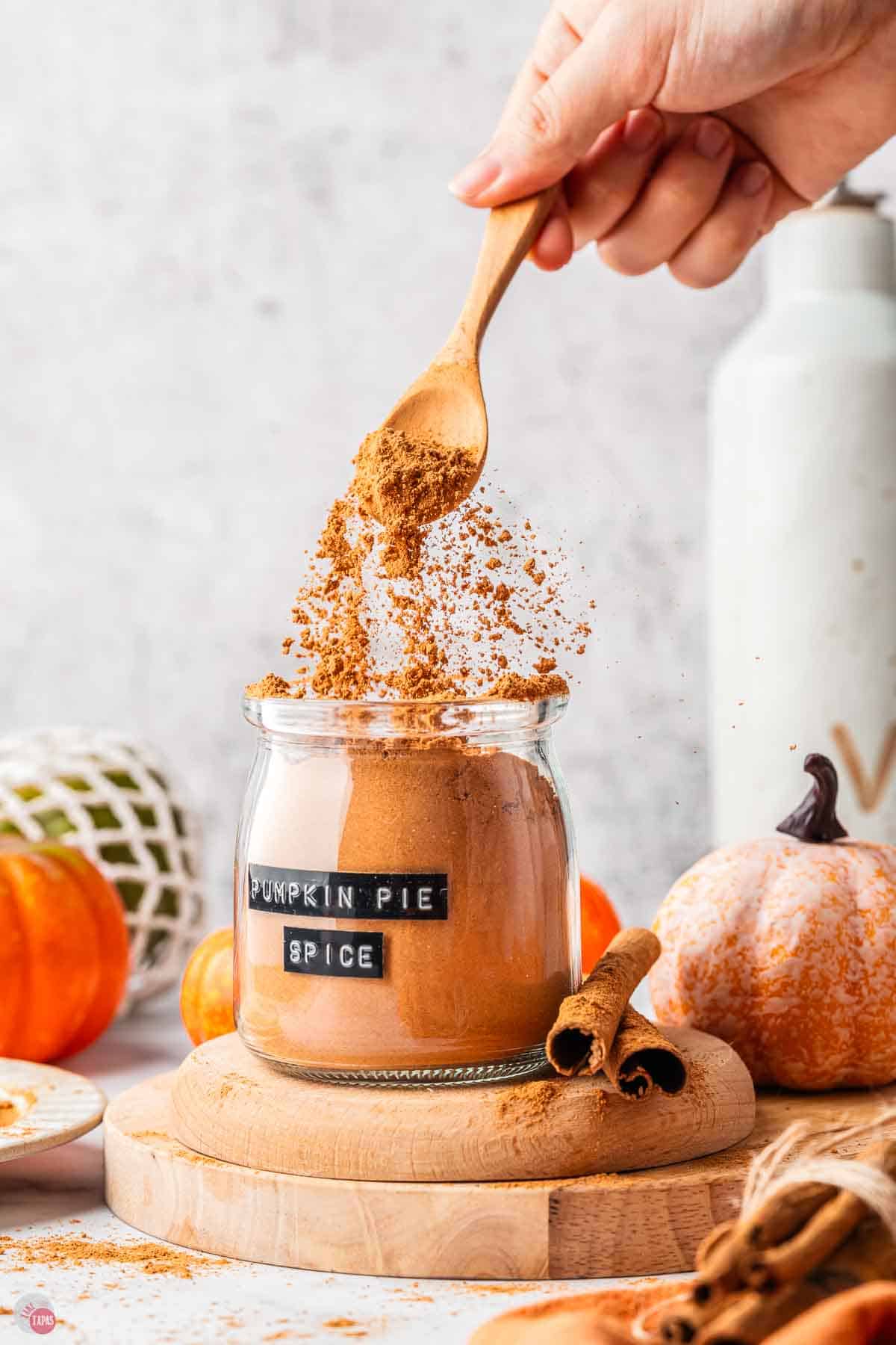 spoon sprinkling some pumpkin pie spice mix into a jar
