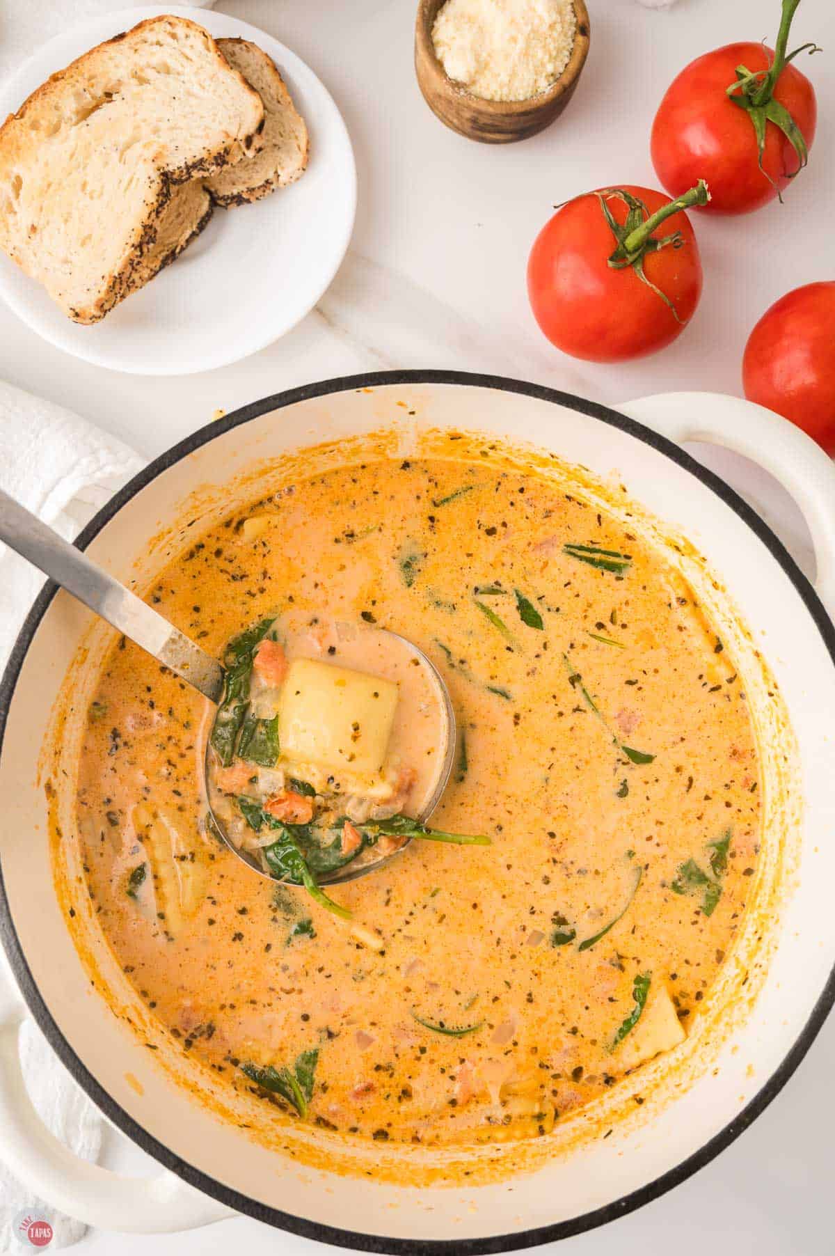 Overhead pot of ravioli soup with a ladle, slices of poppy seed bread, grated Parmesan and fresh tomatoes on the side