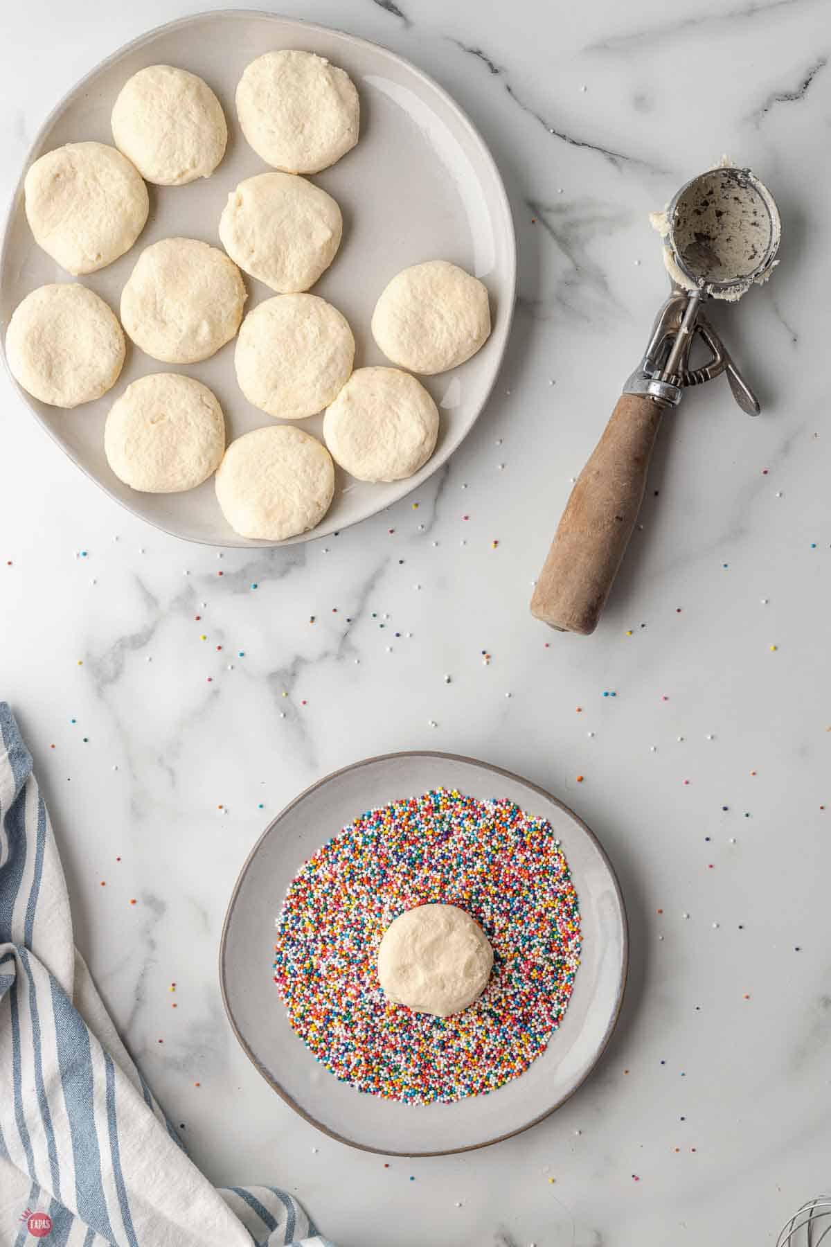 flattened cookie dough pressed into nonpareils sprinkles