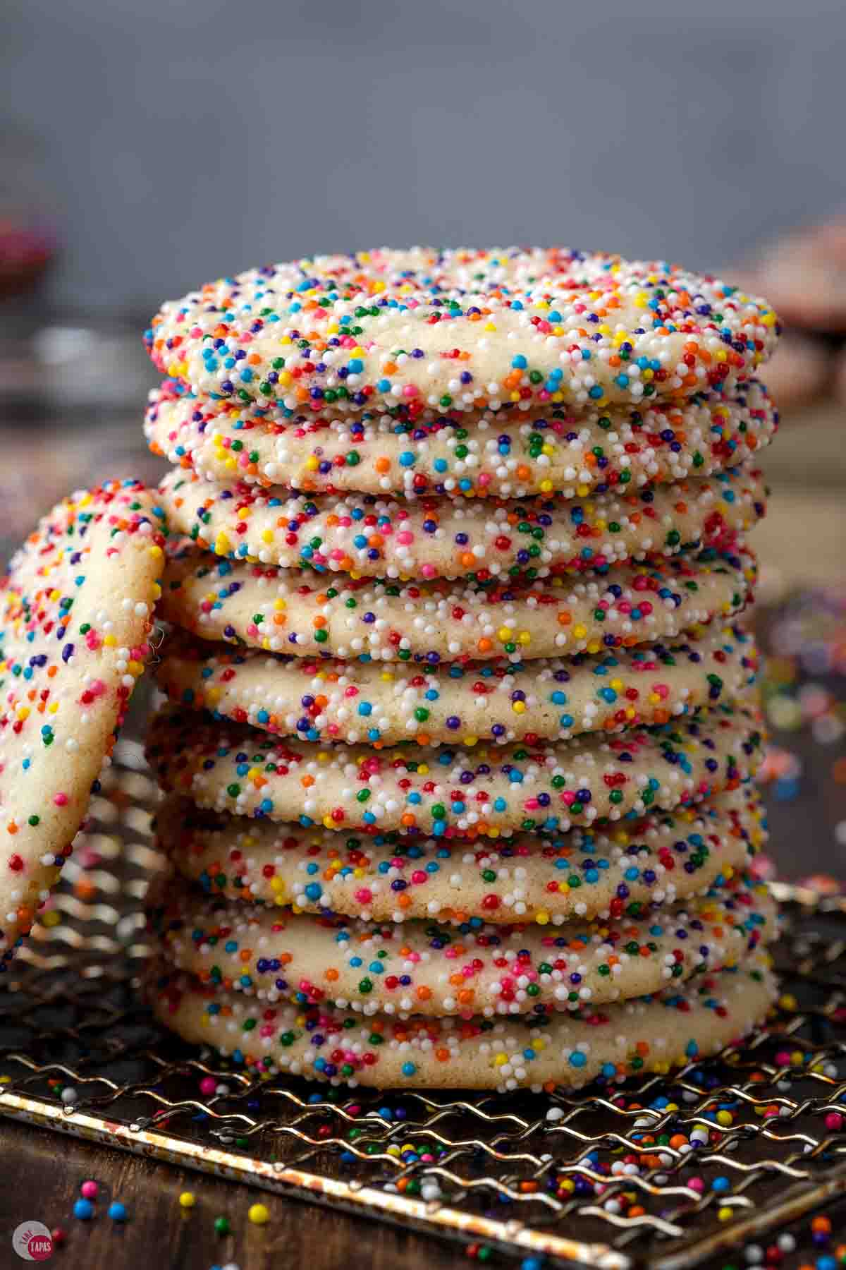 side view of stack of cookies covered in nonpareils
