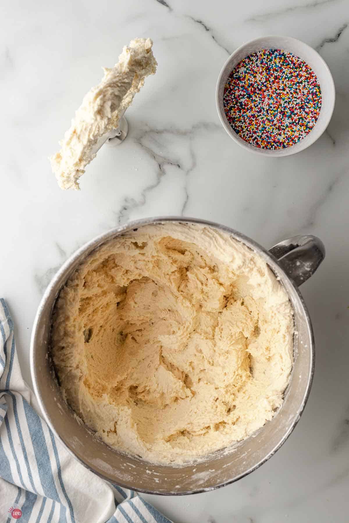 sugar cookie dough in a mixer bowl
