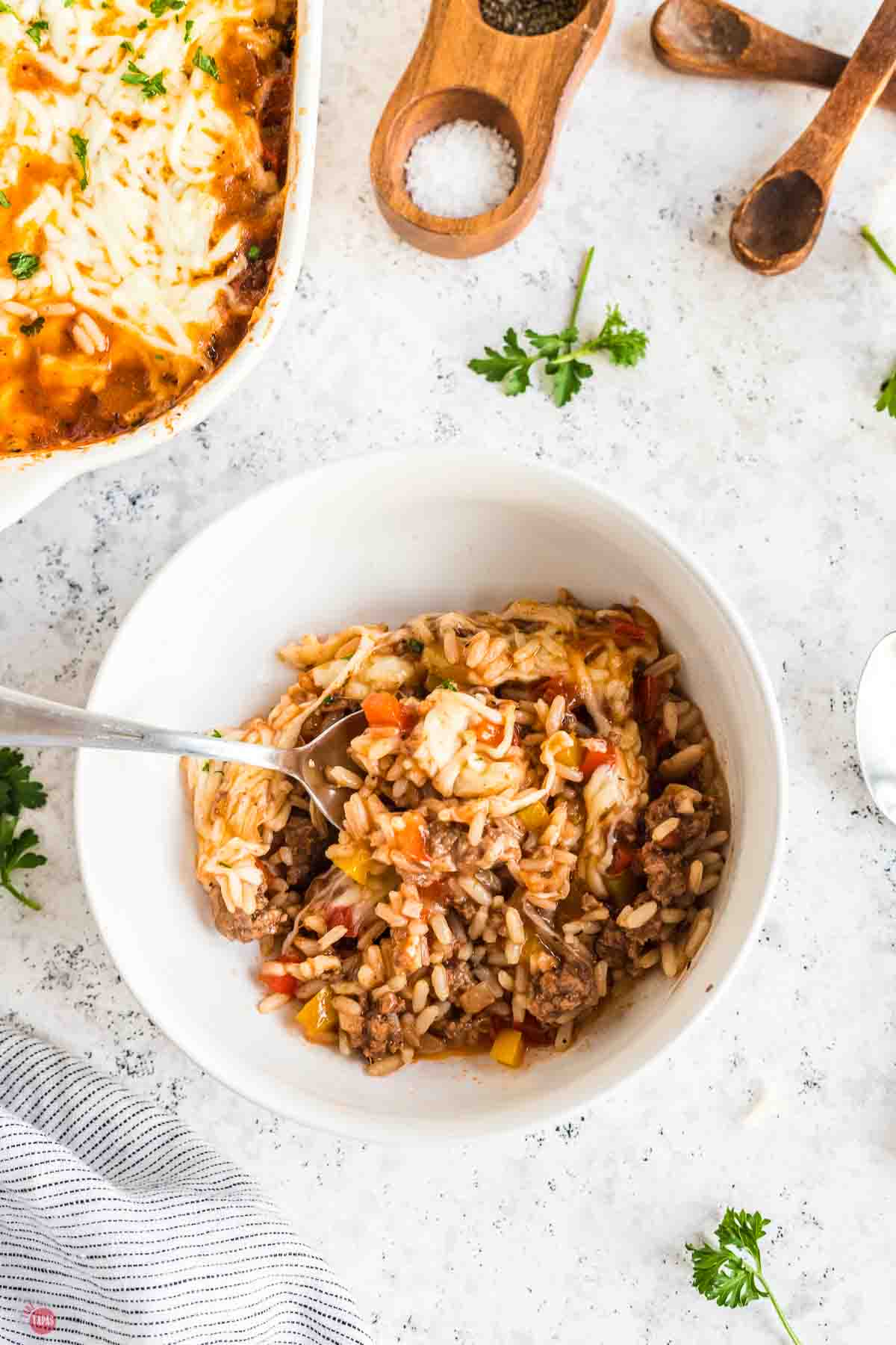 bowl of stuffed bell pepper casserole with a spoon