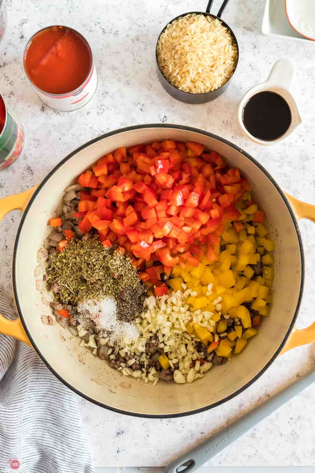 pot with diced bell peppers and spices