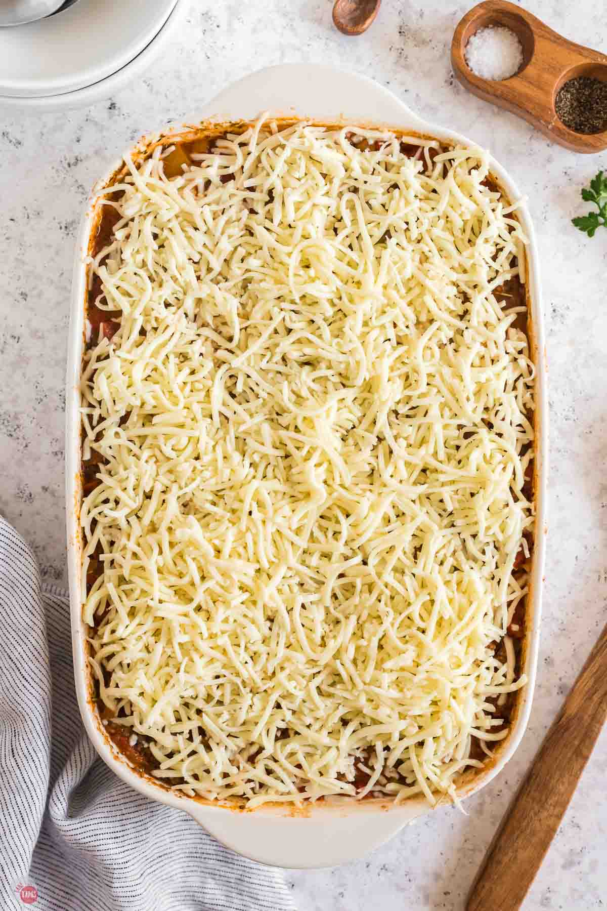 casserole topped with shredded cheese