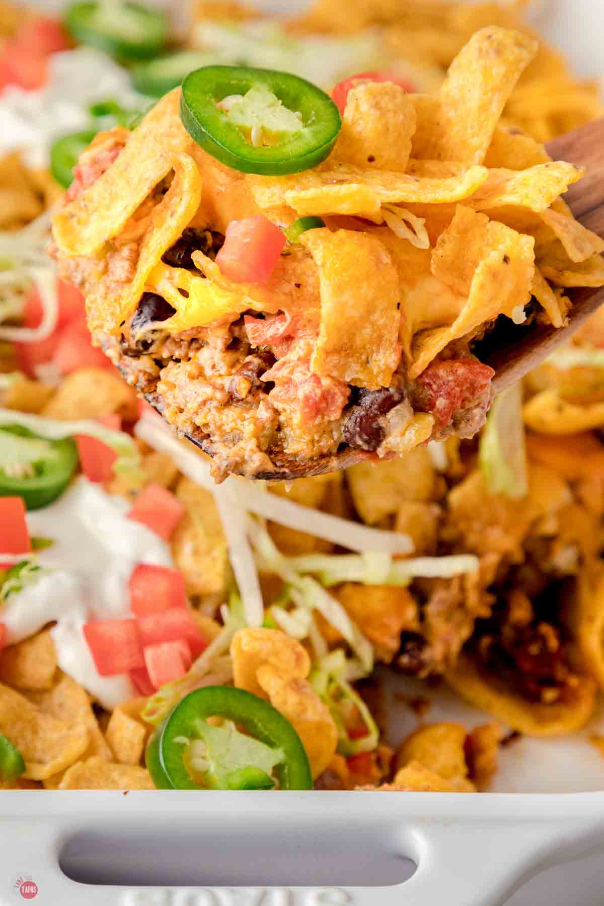 scoop of walking taco casserole close up