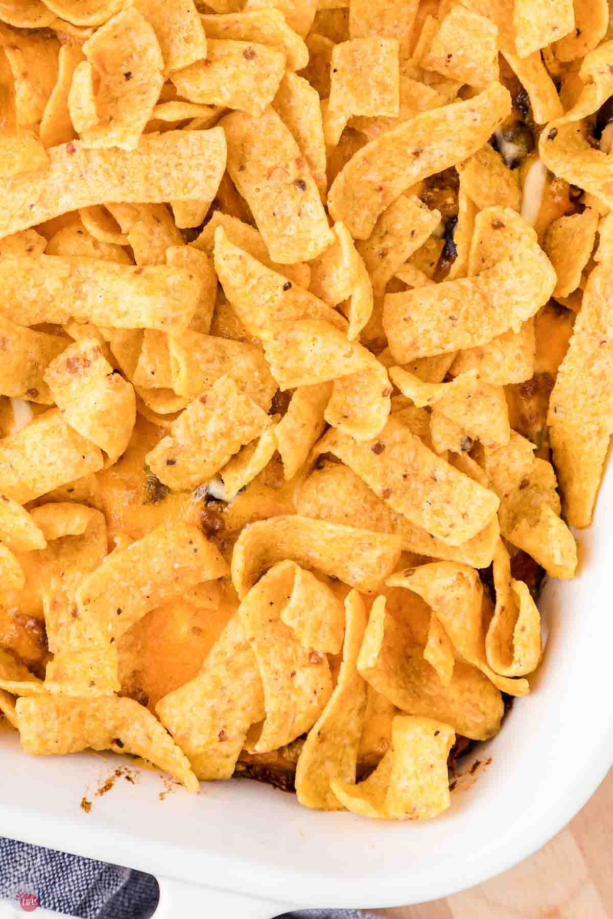 close up of baked walking taco casserole